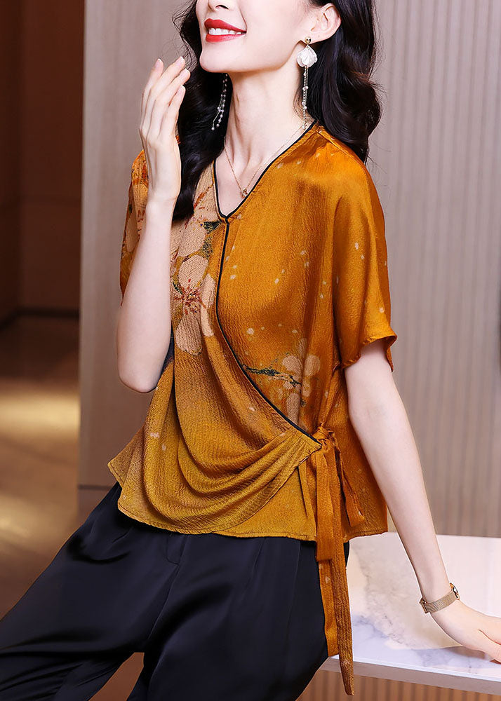 Orange V Neck Asymmetrical Design Tie Waist Print Silk Tops Summer