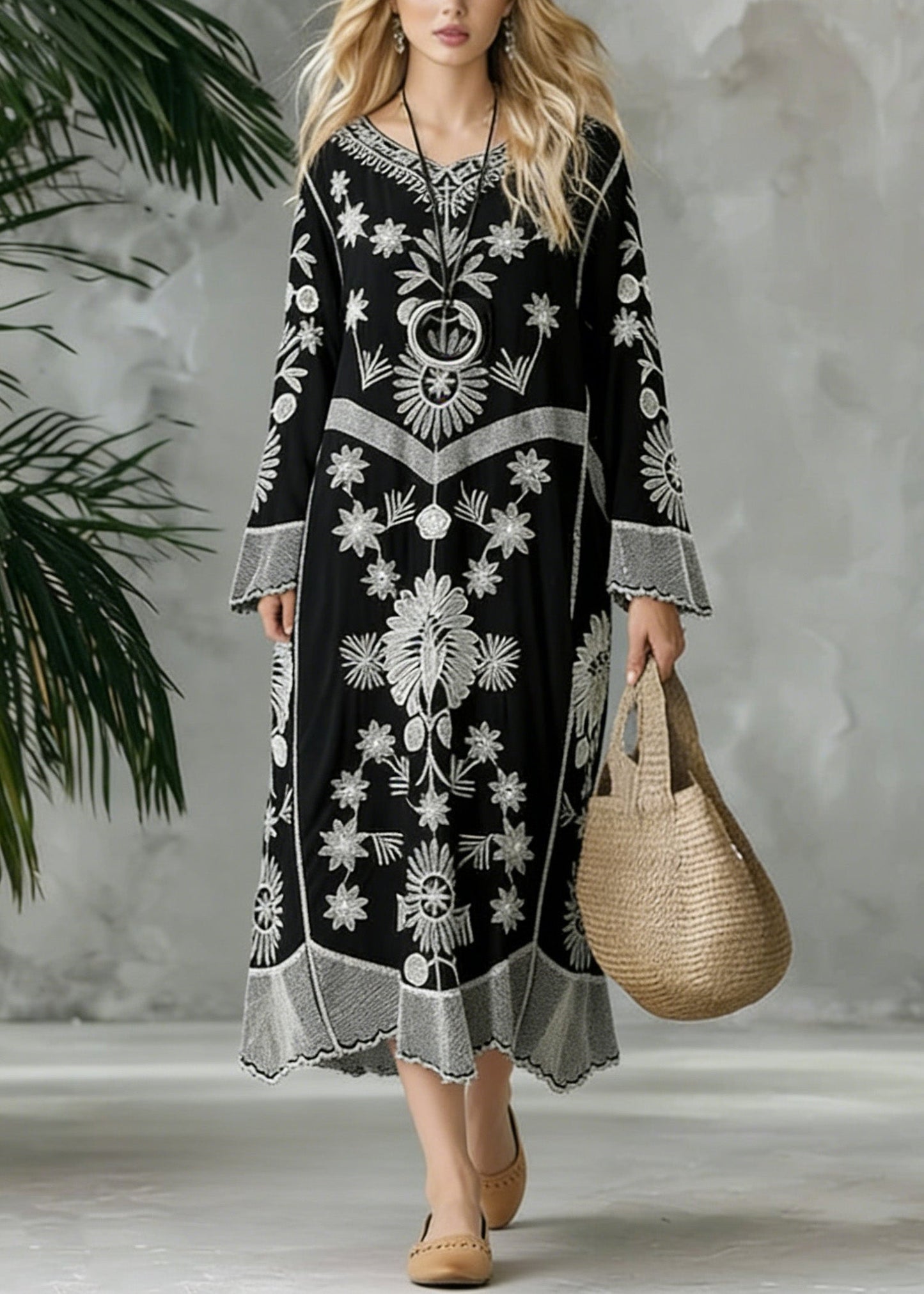 French Black Print V Neck Baggy Chiffon Robes Spring Dresses