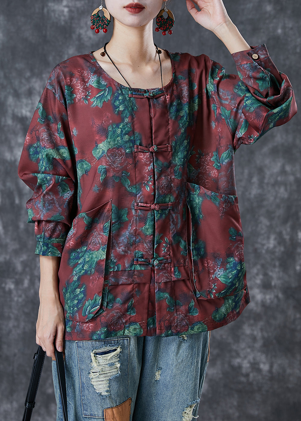 Mulberry Chinese Button Print Cotton Shirt Top Fall