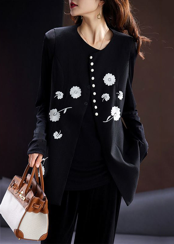 Black O-neck Embroideried Button Cotton Waistcoat Sleeveless