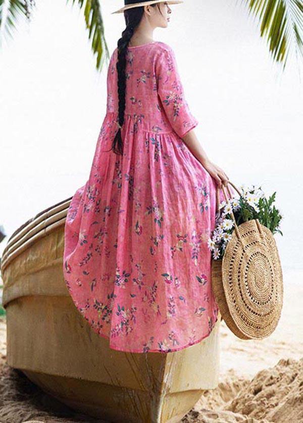 French Rose Print Cinched Pockets Maxi Summer Linen Dress