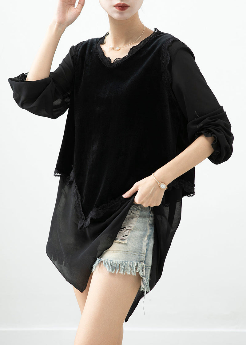 Black Asymmetrical Patchwork Silk Velour Blouse Tops Fall