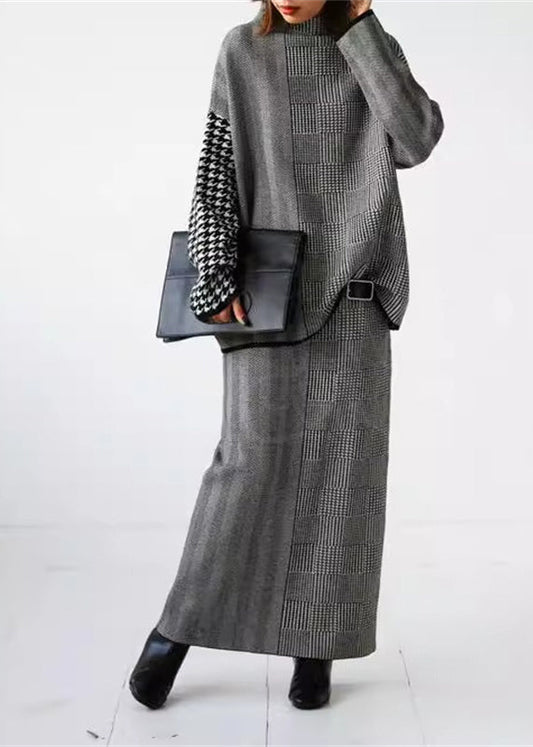 Loose Grey Plaid Knit Sweaters and Skirts Two Piece Set Outfits Fall