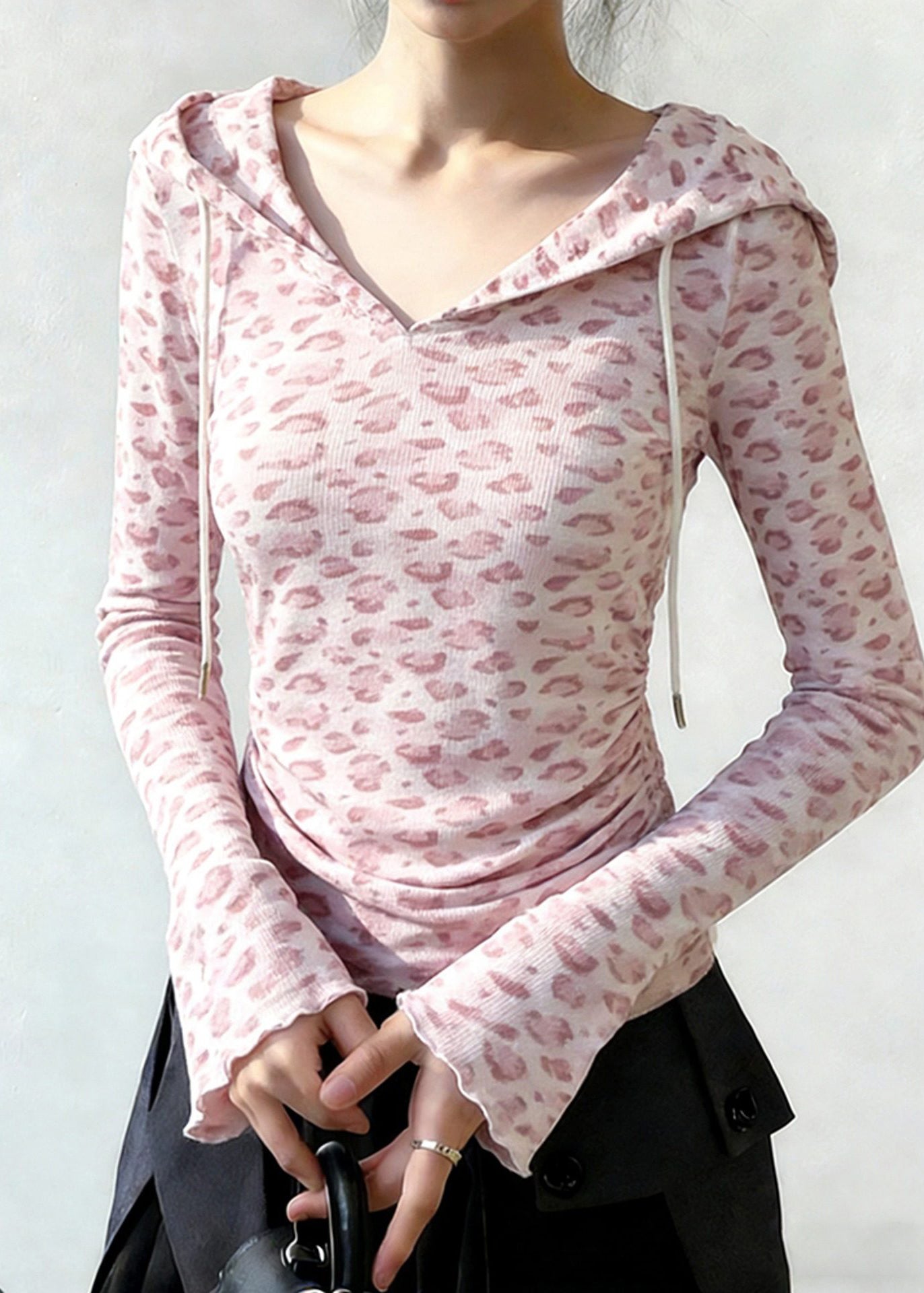 Pink Hooded Leopard Print Cotton Sweatshirt Tops Spring