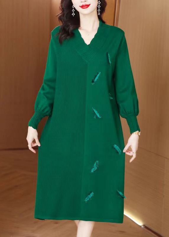 Green V Neck Patchwork Woolen Knit Sweater Dress Winter