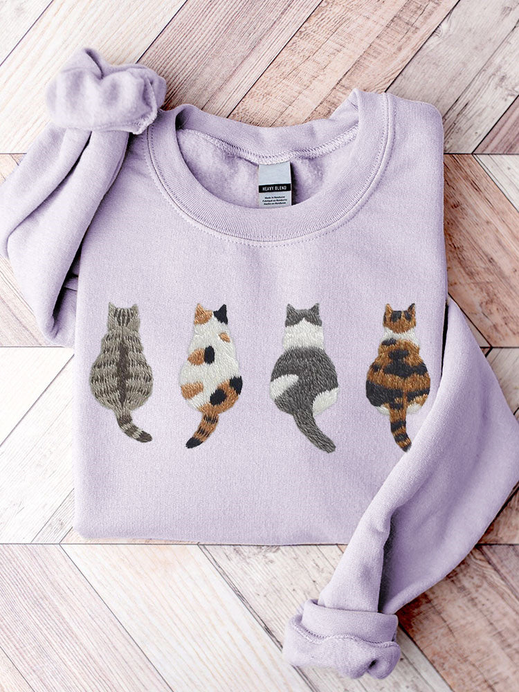 Cute Cats Embroidery Pattern Casual Cozy Sweatshirt elevenforest