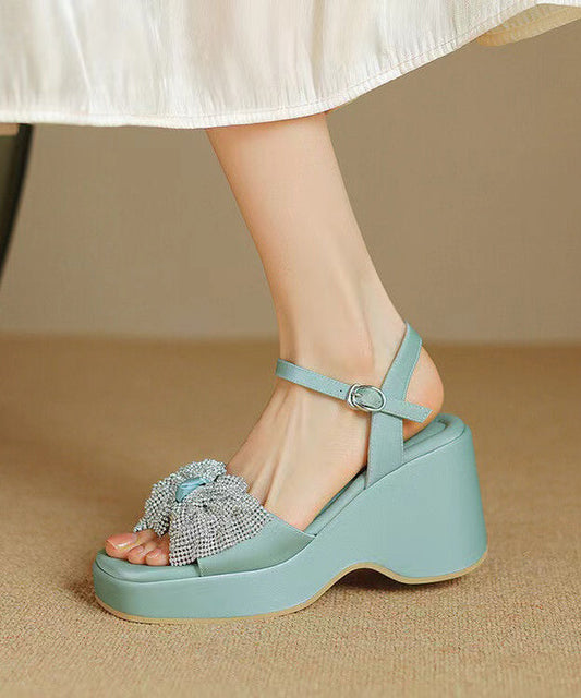 Zircon Bow Splicing Wedge Sandals Blue Cowhide Leather
