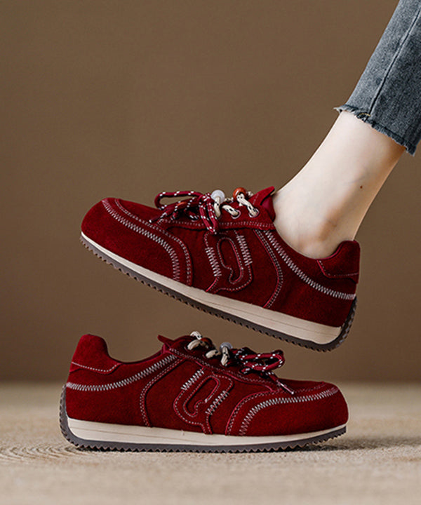 Red Lace Up Platform Suede Splicing Flats