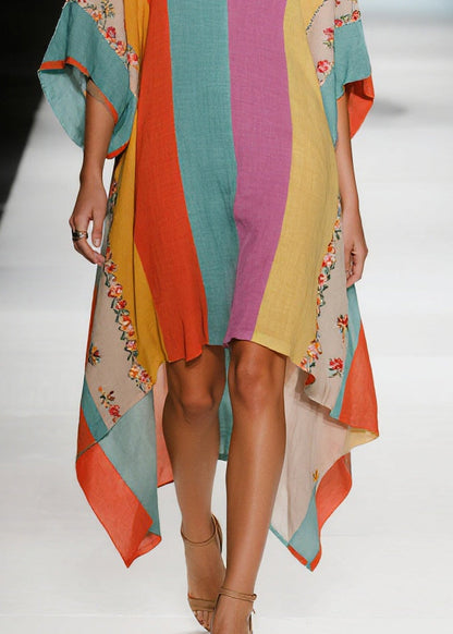 Colorblock Asymmetrical Striped Cotton Dresses Summer
