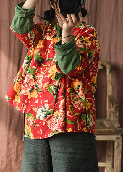 Red V Neck Print Lace Up Patchwork Cotton Coats Fall