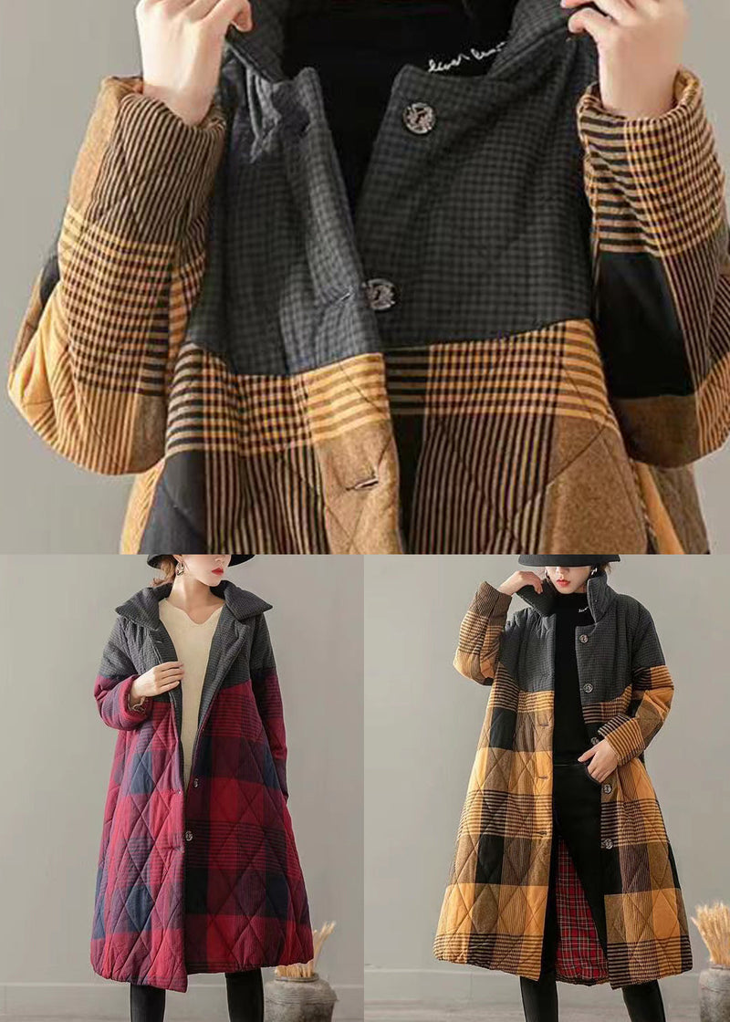 Red Pockets Plaid Patchwork Fine Cotton Filled Coats Winter