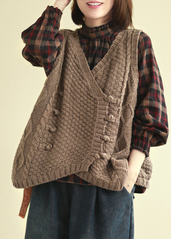 Organic Chocolate Asymmetrical Button Knit Tanks Sleeveless