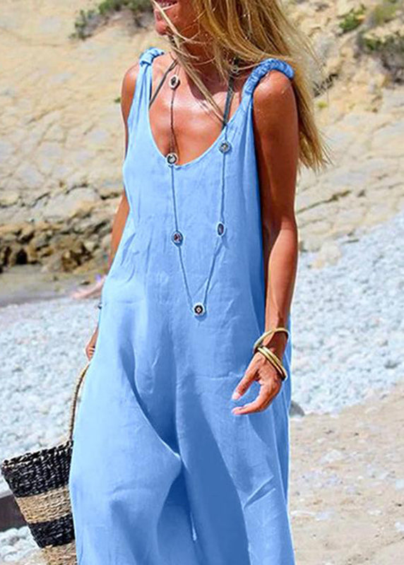 Female Navy Blue Sleeveless Wide Leg Side Button Jumpsuit