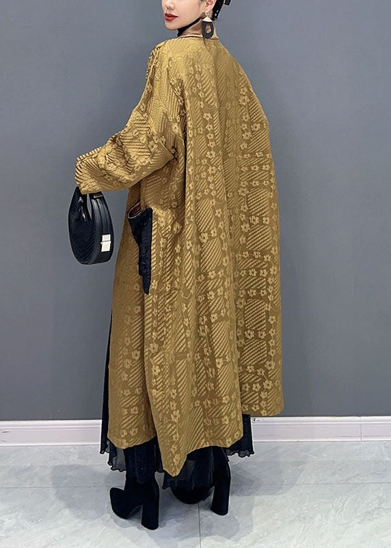 Natural Yellow V Neck Print Pockets Long Trench Coats Long Sleeve