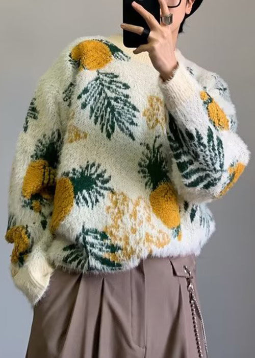 Jacquard White O Neck Cozy Cotton Knit Style Sweaters Winter