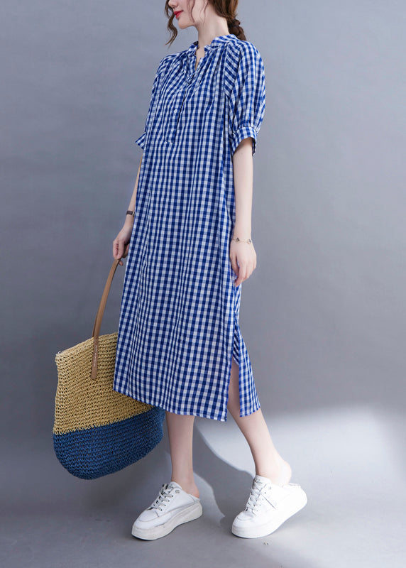 Loose Blue V Neck Side Open Plaid Cotton Dress Short Sleeve