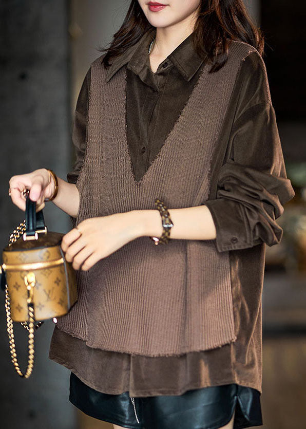 Chocolate Peter Pan Collar Knit Patchwork Fake Two Piece Shirts