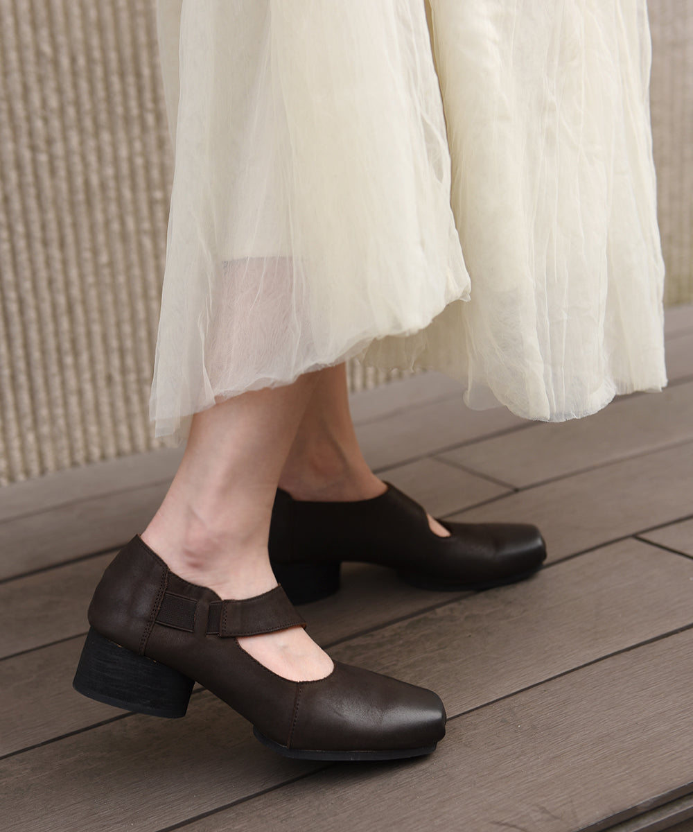 Original Coffee Chunky Heel Shoes New Cowhide Leather