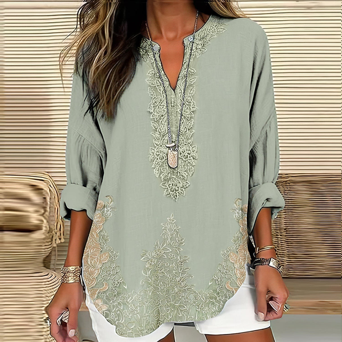 Women's Retro Floral Art Linen Print Casual Shirt artswardrobe