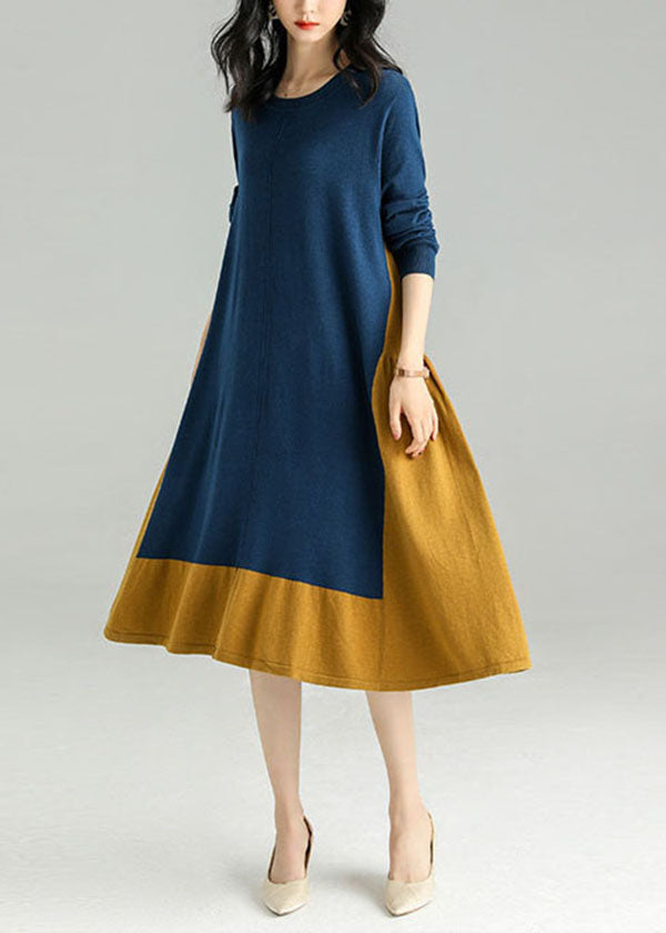 Colorblock O Neck Patchwor Kwrinkled Knit Dress Spring