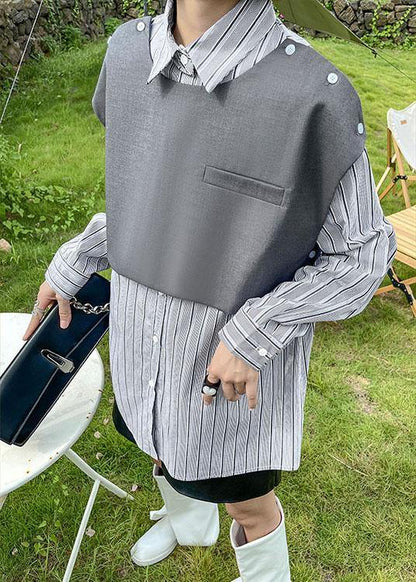 Grey Peter Pan Collar Button Fall Striped Shirt Long Sleeve