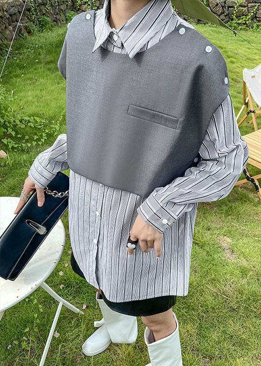 Grey Peter Pan Collar Button Fall Striped Shirt Long Sleeve