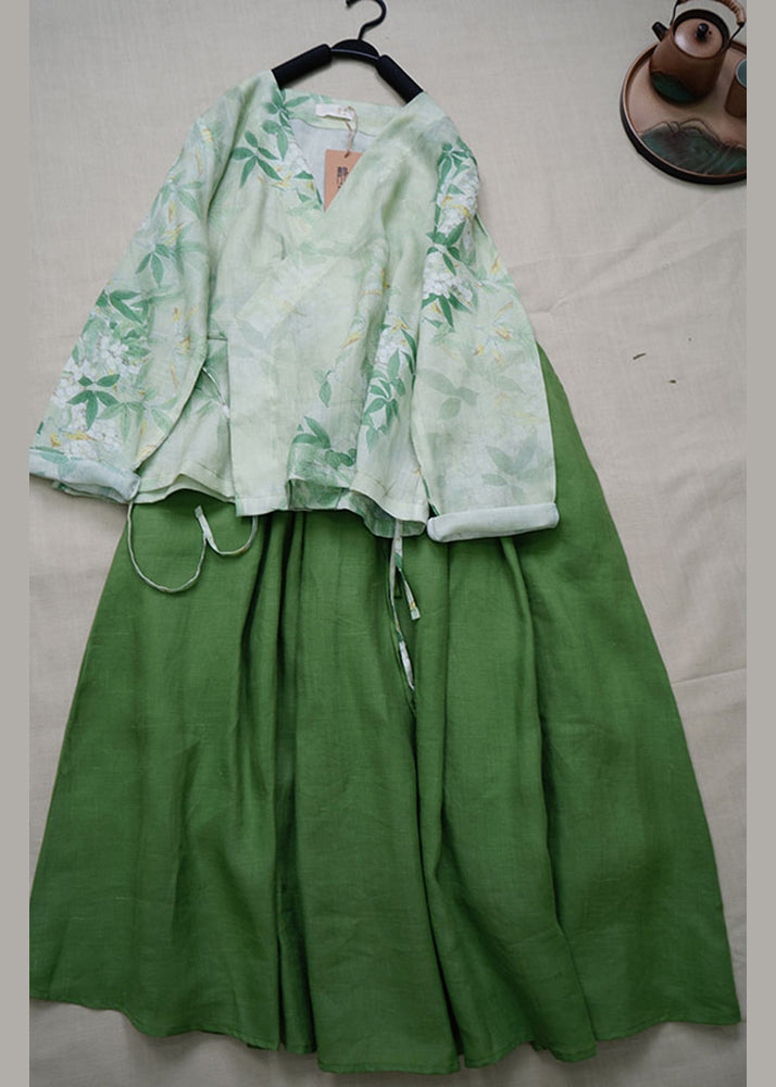 Green V Neck Print Lace Up Linen Two Pieces Set Summer