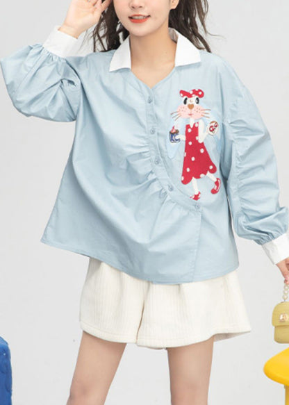Light Blue Embroideried Button Cotton Shirts Spring