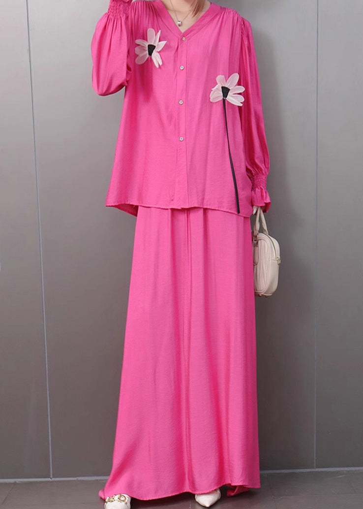 Rose Button Shirts and Maxi Skirts Two Piece Set Flare Sleeve