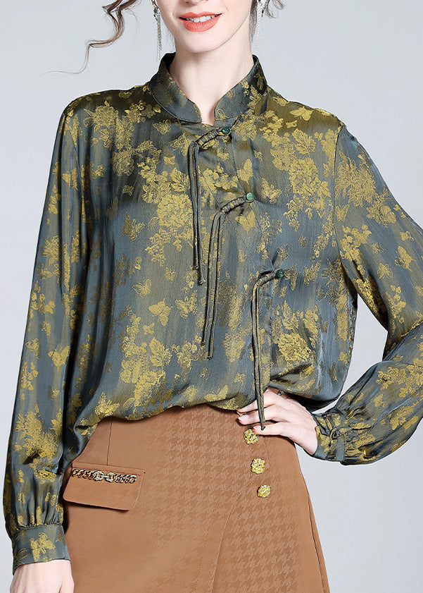 Yellow Green Print Button Silk Tops Long Sleeve