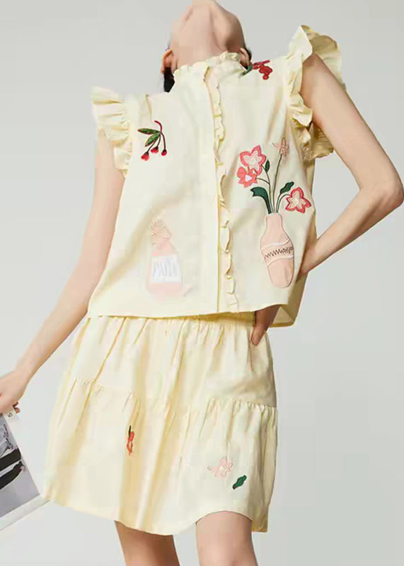 Yellow Embroidered Top and Skirts Two Pieces Set Sleeveless