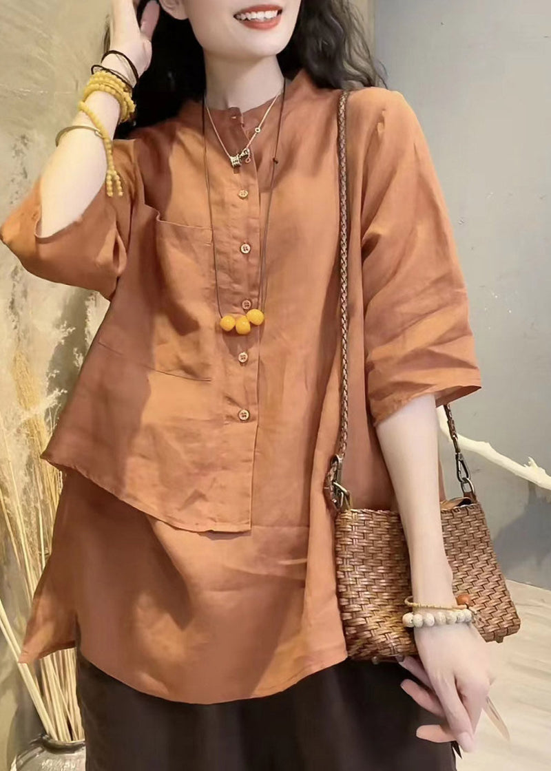 Green Stand Collar Asymmetrical Button Linen Shirts Long Sleeve