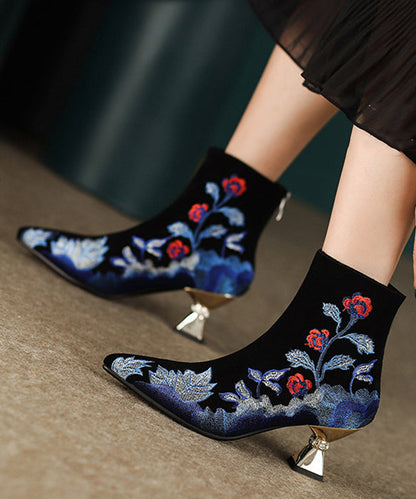 Black Embroidered Zippered Suede High Heels