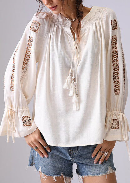 Apricot Hollow Out Lace Up Shirt Flare Sleeve