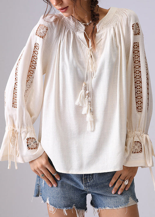 Apricot Hollow Out Lace Up Shirt Flare Sleeve