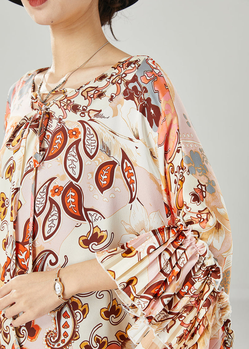 Art Apricot Print Ruffles Chiffon Maxi Dress Batwing Sleeve Spring