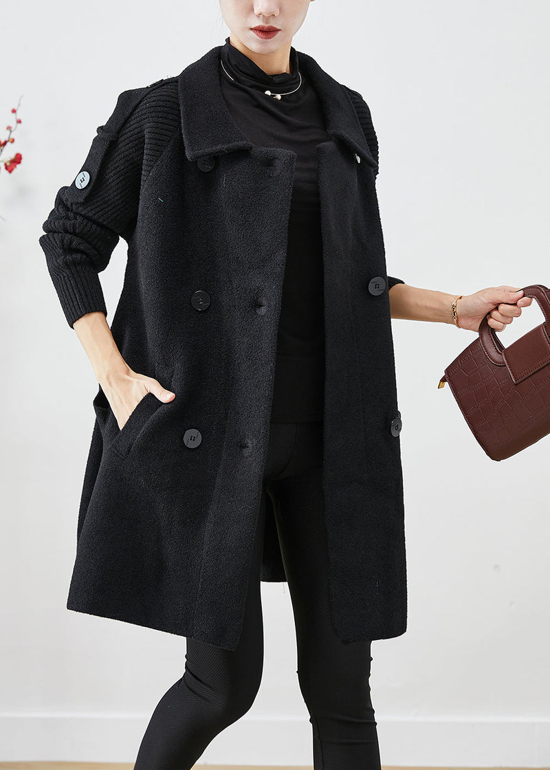 Black Double Breast Patchwork Woolen Trench Coats Fall
