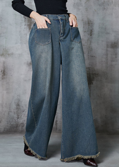 Navy Elastic Waist Pockets Denim Wide Leg Pants Spring