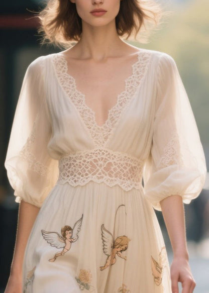 Apricot Print Lace Patchwork Chiffon Dress Summer