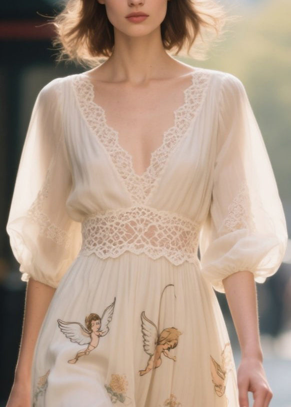 Apricot Print Lace Patchwork Chiffon Dress Summer