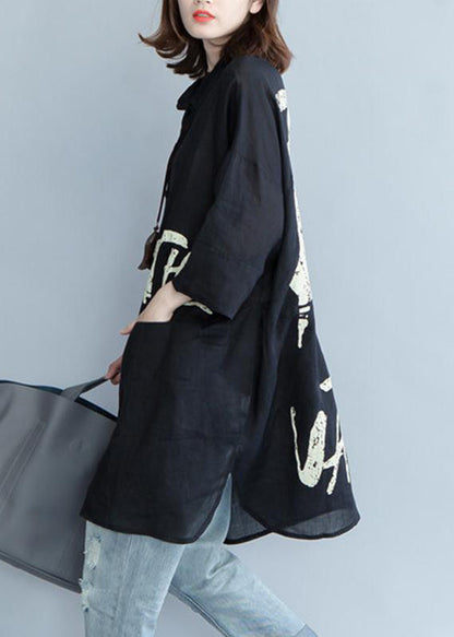 Black Peter Pan Collar Graphic Cotton Shirts Summer