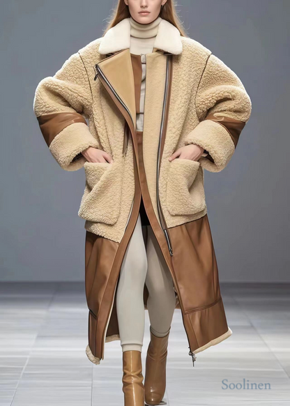 Apricot Oversized Patchwork Fuzzy Fur Coats Winter