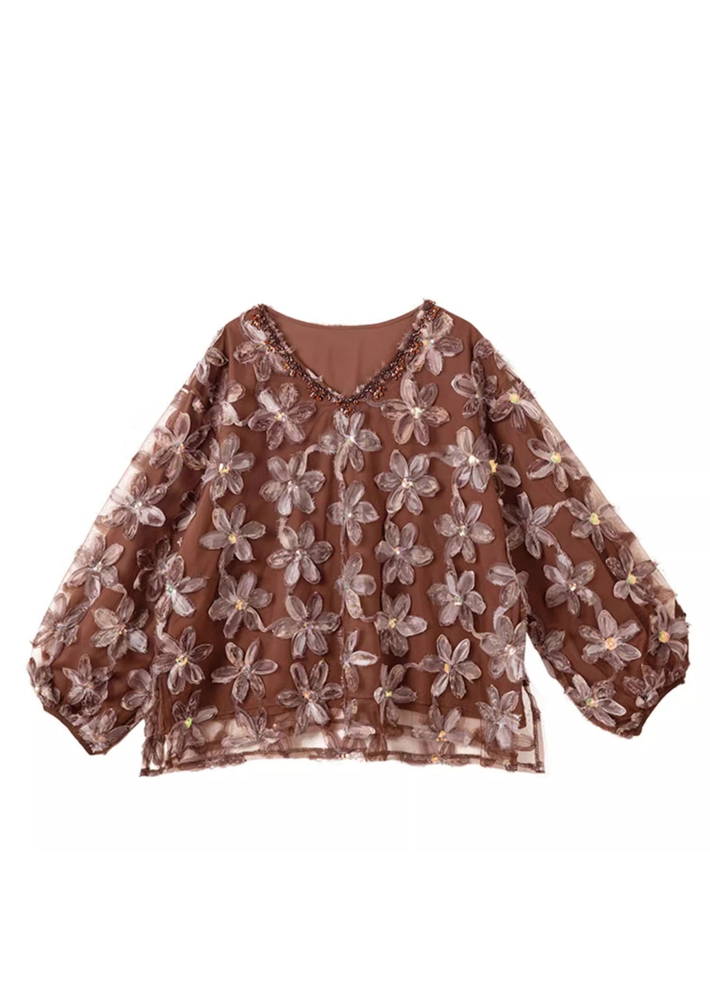 Handmade Coffee Nail Bead Sequins Chiffon Shirt Spring
