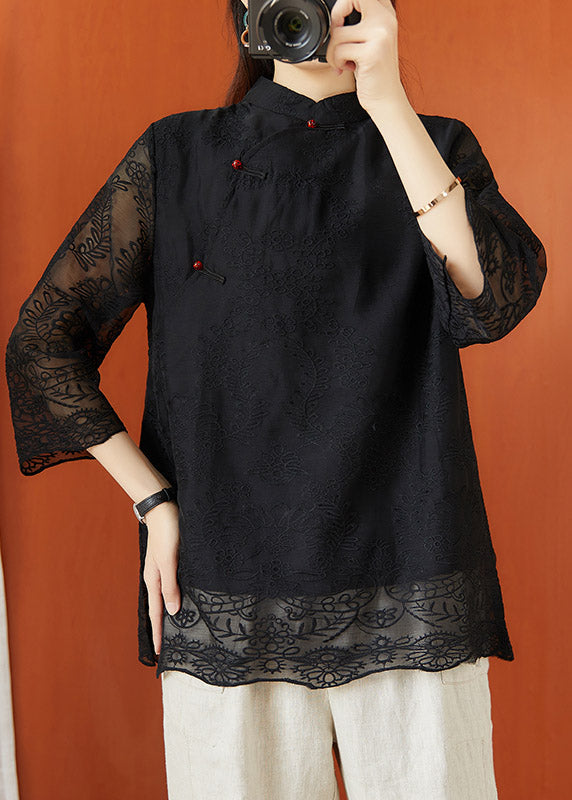 Black Stand Collar Embroideried Hollow Out Tops Half Sleeve