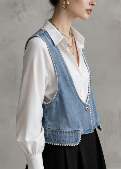 Blue V Neck Pearl Edge Patchwork Denim Vest Sleeveless