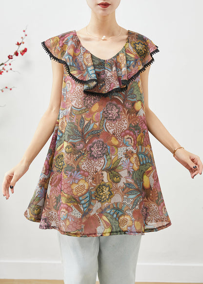 Brown Ruffled Print Cotton Blouses Summer