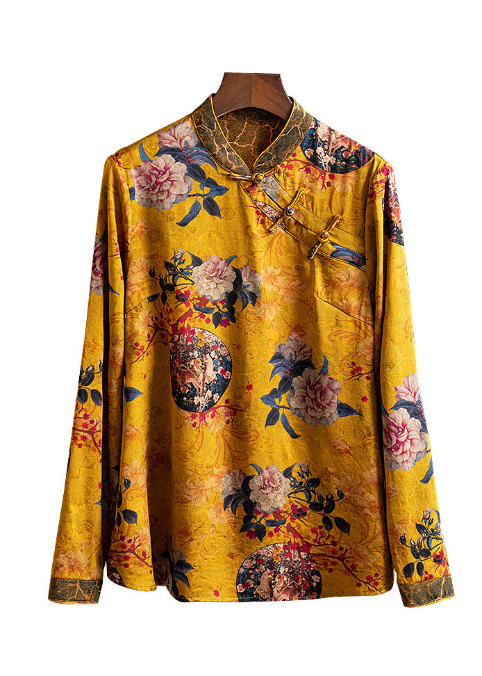 Oriental Yellow Stand Collar Button Silk Shirt Tops Long Sleeve