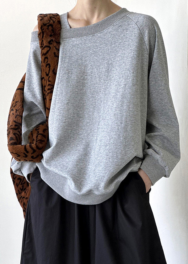 Grey Cotton Top Asymmetrical Long Sleeve