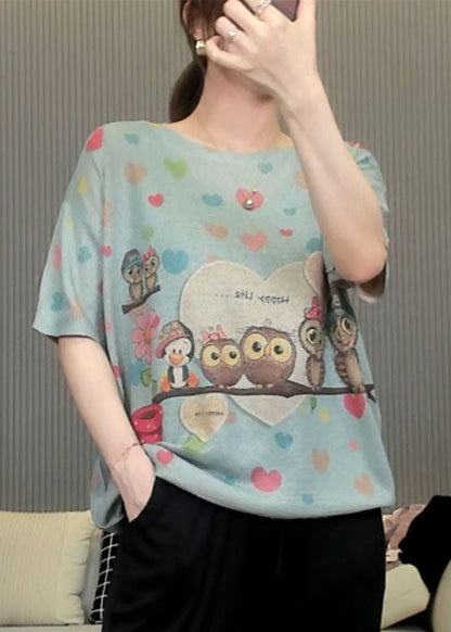 Boutique Light Blue O-neck Animal Print Draping Linen Knit Tank Tops Short Sleeve