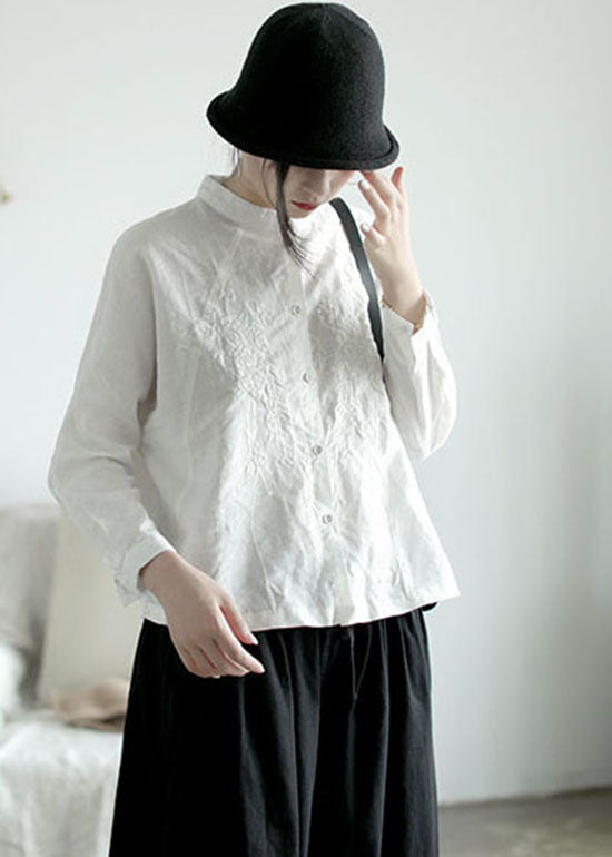 White Stand Collar Button Embroideried Shirt Top Long Sleeve